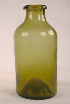 Early American snuff or utility bottle in yellowish olive green; click to enlarge.