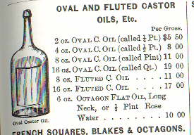 Image of an oval castor oil bottle from an 1880 glass maker catalog; click to enlarge.