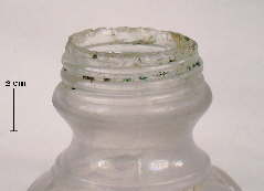 Image of a continuous external thread finish on a mouth-blown salt shaker; click to enlarge.